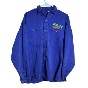 Vintage Arctic Cat Mens Purple Button Down Shirt Long Sleeve Distressed Size M